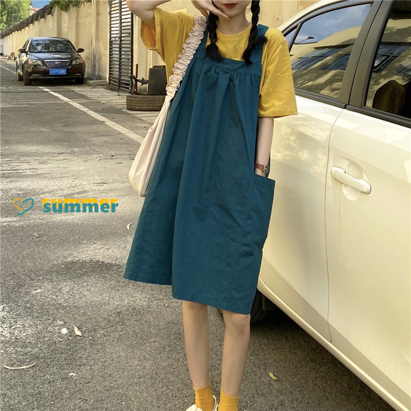 Real price Retro Green strap dress + yellow Short Sleeve Tee