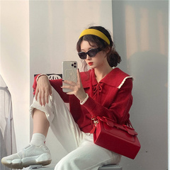 Real price lace milk contrast lace up baby collar sweater