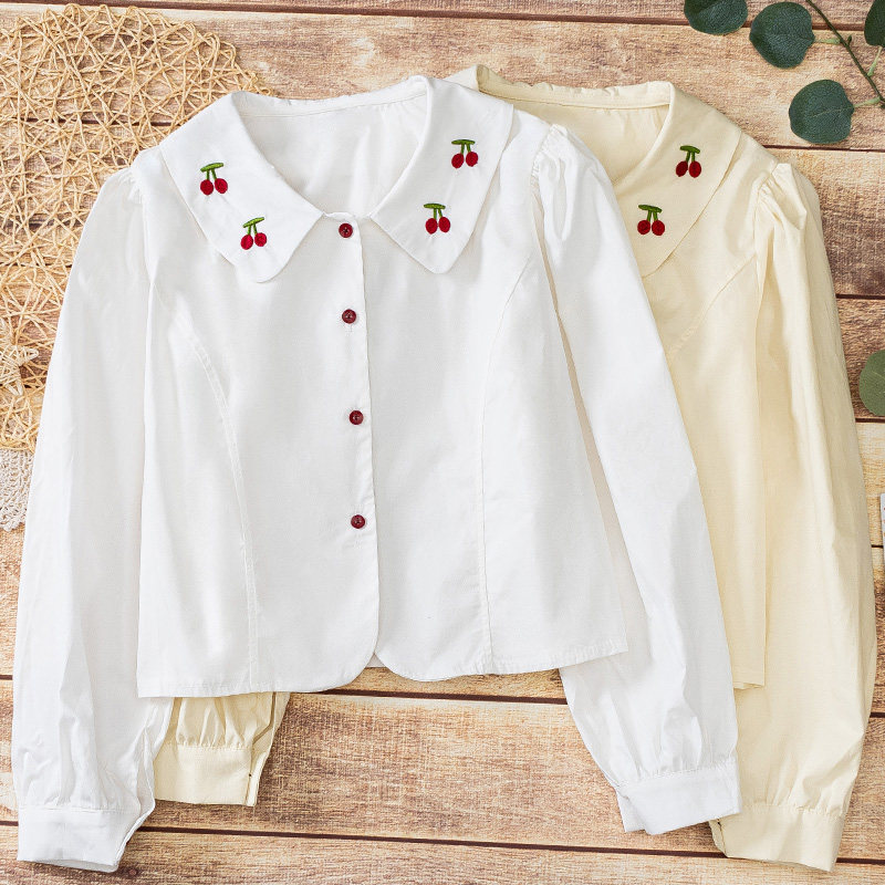 小清新绣花衬衫女学生森系文艺范纯棉刺绣衬衣甜美泡泡袖短款上衣