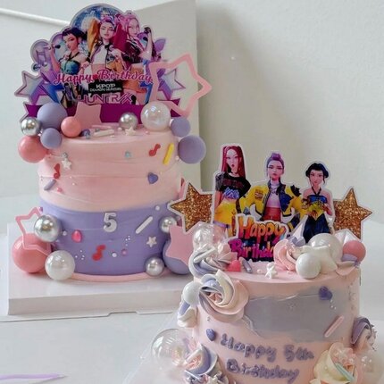 KPOP猎魔女团紫色主题女孩生日甜品台装饰插牌推推乐贴纸纸杯插件