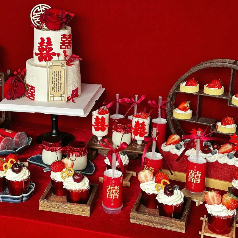 国风新中式订婚宴氛围感布置创意婚庆甜品推杯装饰竹筒杯欢喜贴纸