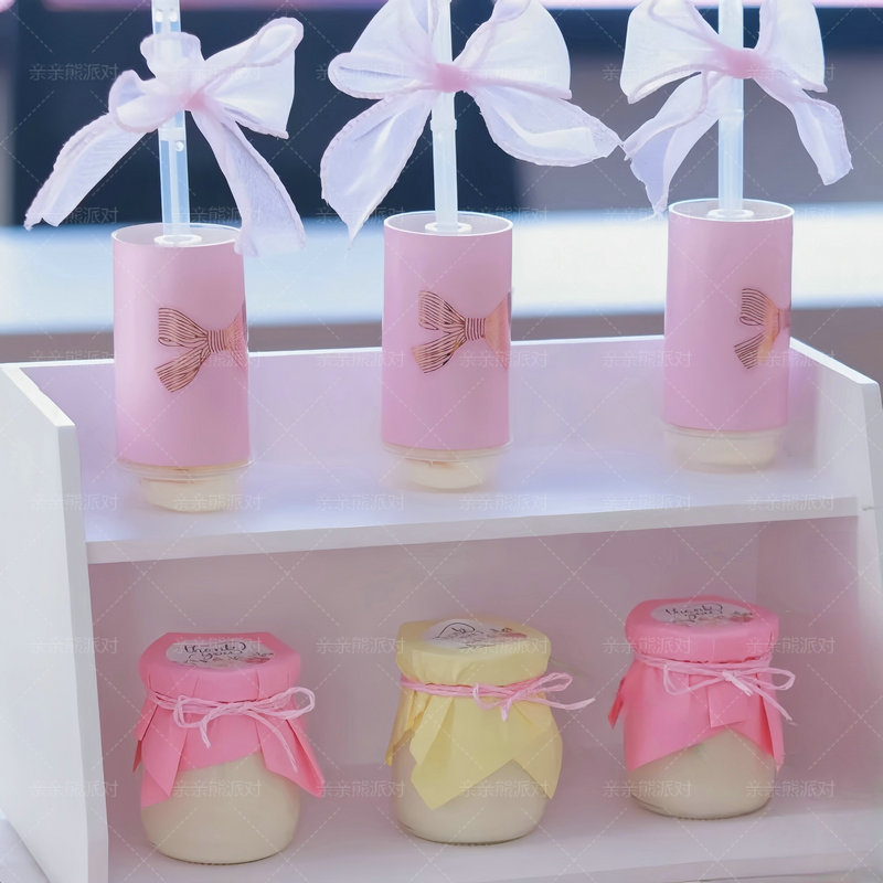 粉色系婚礼茶歇甜品台装饰推推乐蝴蝶结花朵thankyou慕斯杯贴纸