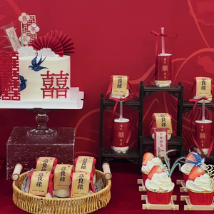 国潮风备婚订婚甜品台装饰红蓝喜鹊蛋糕配件纸杯插件红色婚庆贴纸