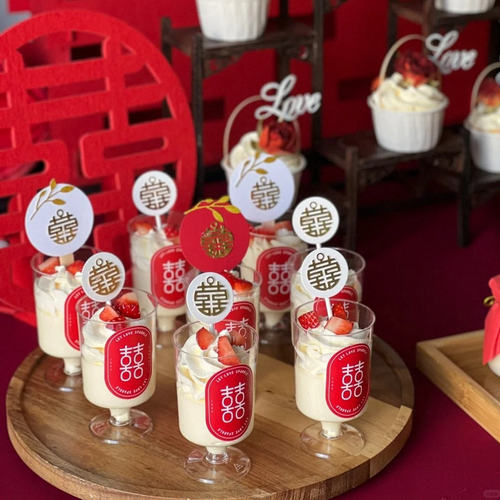 红色订婚宴甜品台装饰慕斯杯贴纸