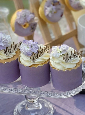 wedding木片马芬纸杯蛋糕插件紫色婚礼甜品装饰thankyou慕斯贴纸