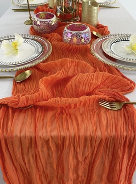 亮橙色褶皱桌布桌旗婚礼生日派对装饰半透明纱布生日场景装饰桌布