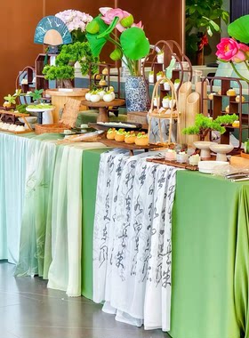 国风绿色布幔百搭矩形甜品台桌布