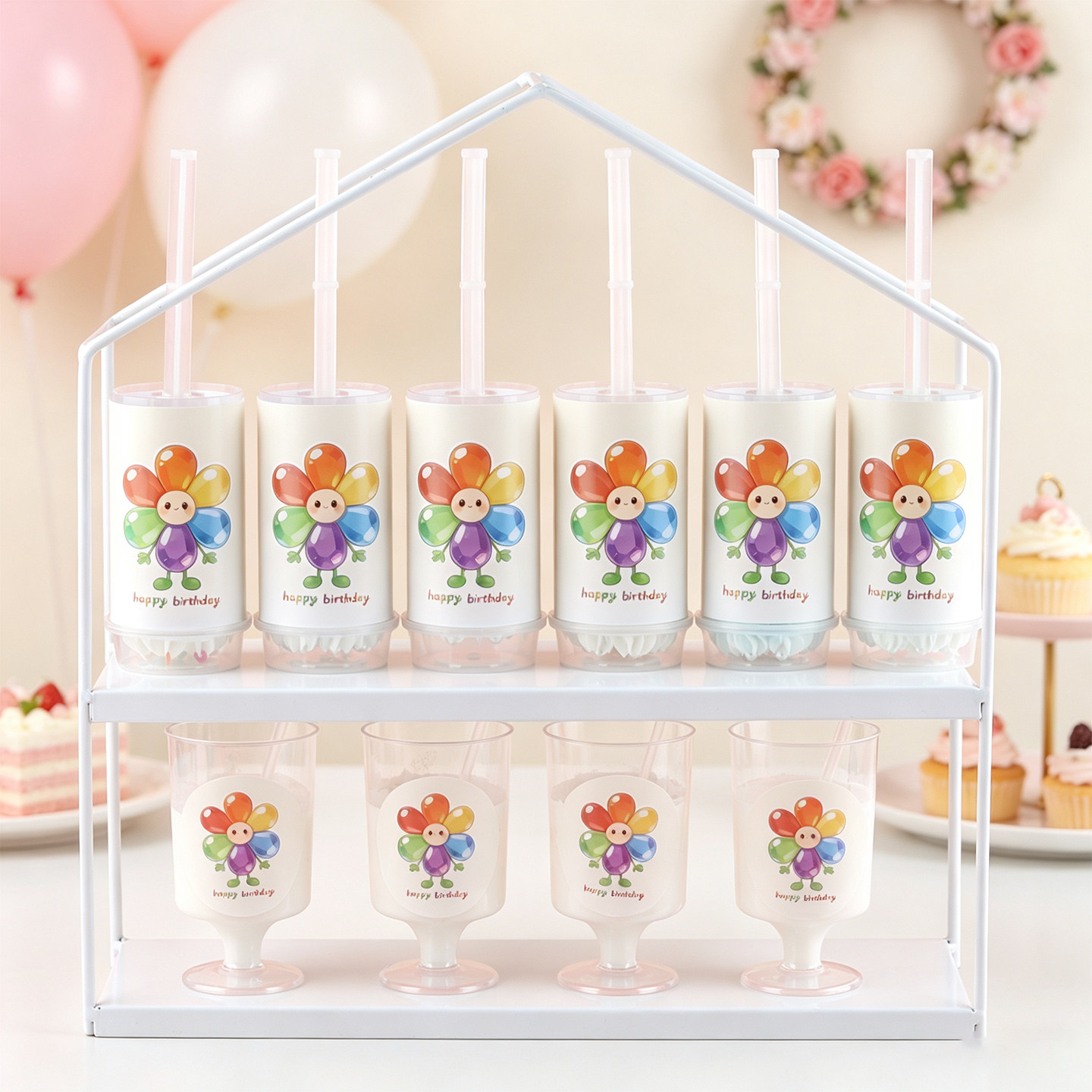 彩虹太阳花宝石花推推乐慕斯杯贴纸儿童生日甜品台装饰卡通标签贴