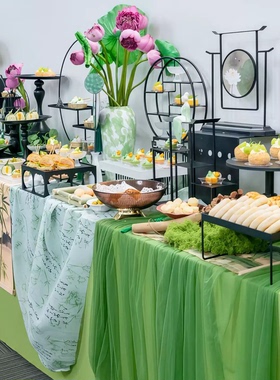 国潮风新中式绿色网纱幔宴会甜品台餐桌装饰矩形通用多功能桌旗