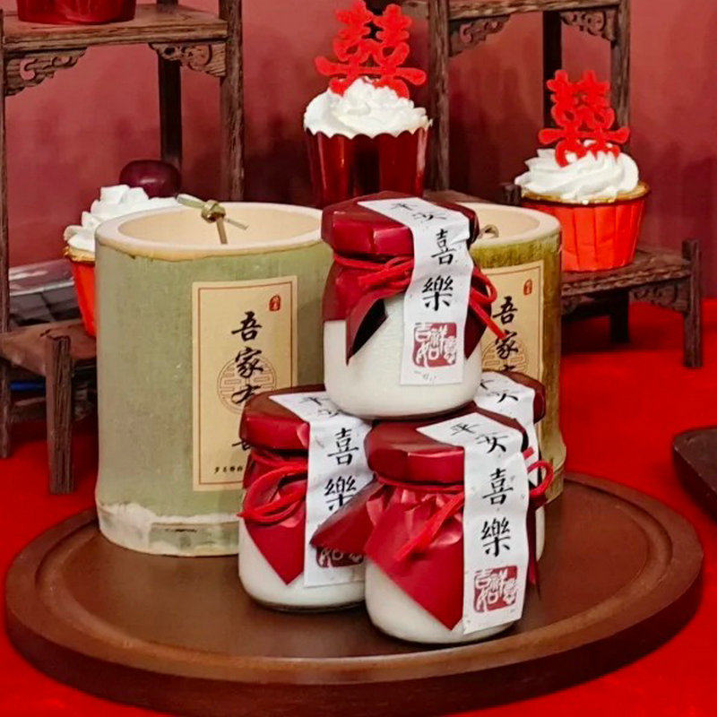 大红色甜品台装饰吾家有喜竹筒杯贴纸布丁杯纸大红折扇慕斯杯插件