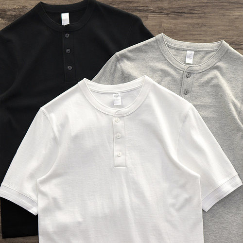 美式复古重磅纯棉短袖亨利衫t恤