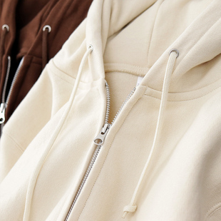 外套 复古咖啡色米白休闲帽衫 秋冬开衫 卫衣男连帽纯棉加绒拉链美式