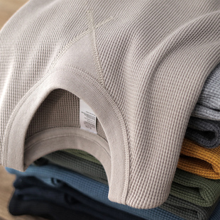 T恤男士 阿美咔叽华夫格打底衫 圆领长袖 复古纯色修身 重磅纯棉美式