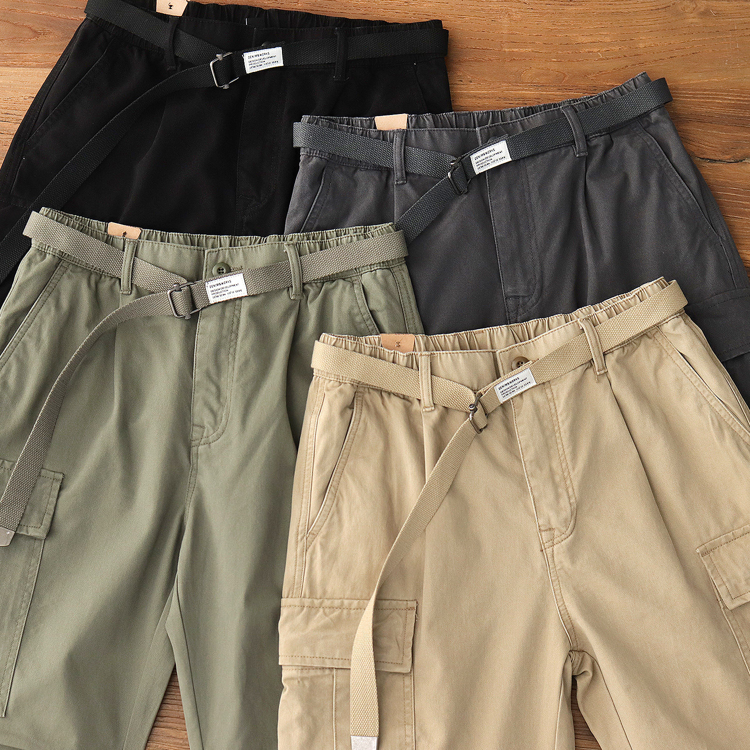 附腰带美式复古纯棉束脚工装裤