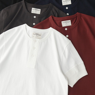 白色纯棉阿美咔叽大罗纹硬汉T恤夏季 男士 复古重磅亨利领短袖 美式