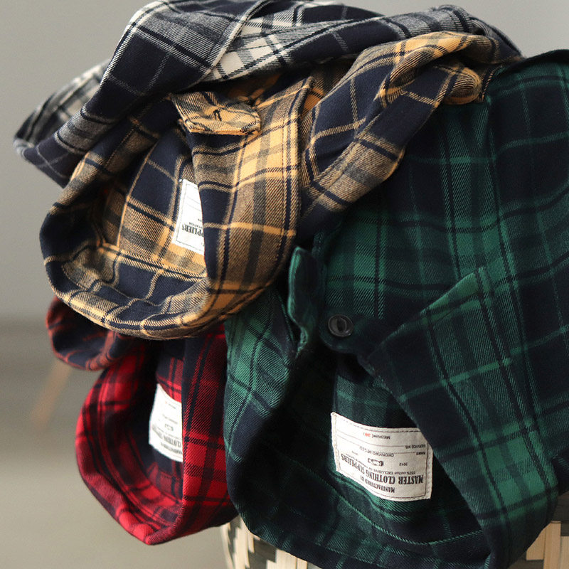 秋季格子长袖衬衫男日系复古蓝色免烫磨毛外穿休闲衬衣寸衫上衣