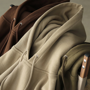 春秋 复古纯棉加绒宽松休闲套头帽衫 vintage 卡其色连帽卫衣男美式