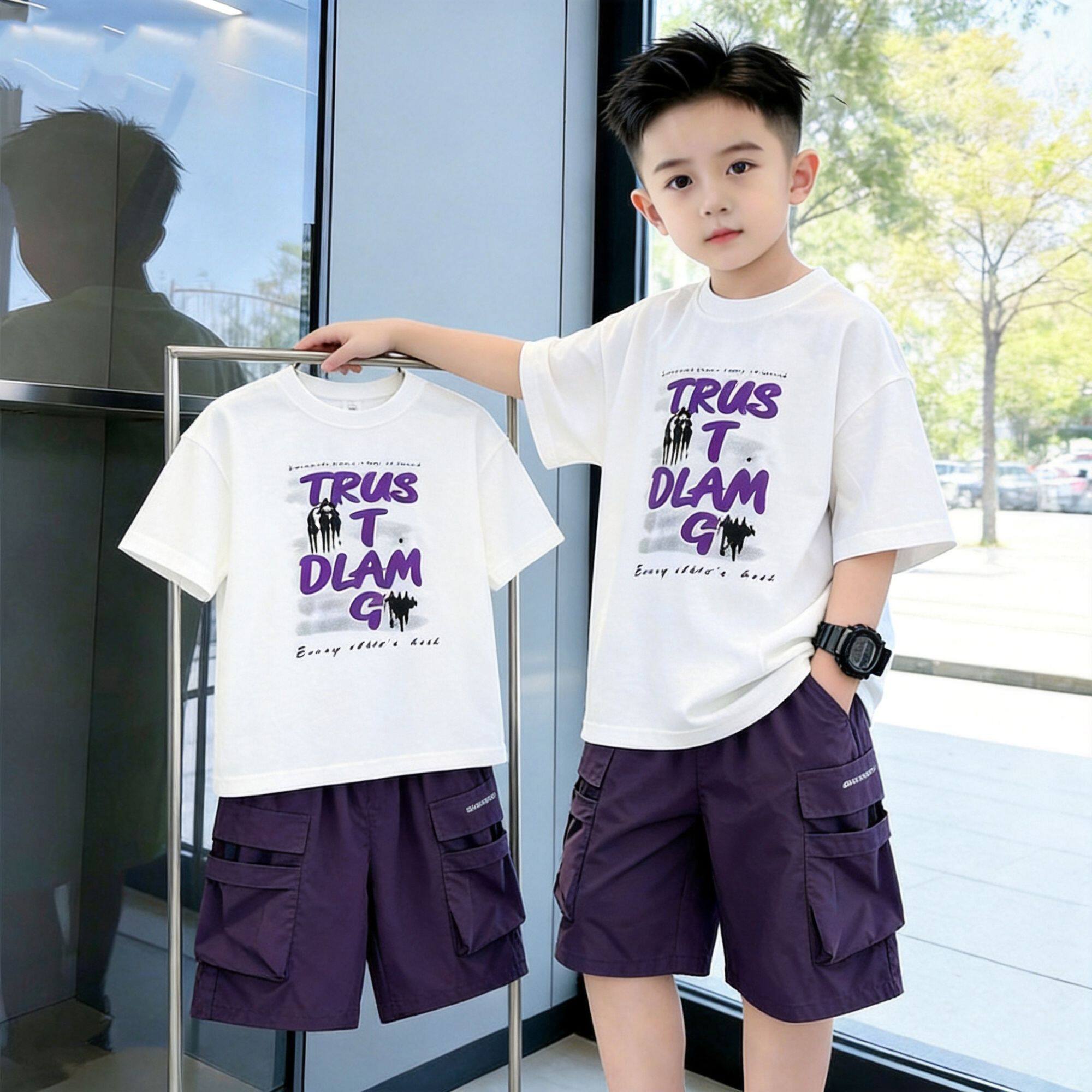 男童时尚夏季短袖套装新款2026中大童运动休闲炸街痞帅网红百搭潮