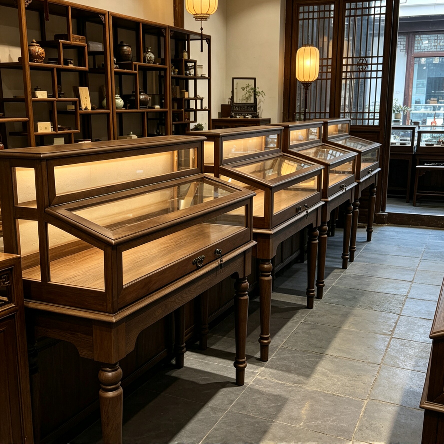 复古钢化玻璃展示柜珠宝古玩藏品收纳柜带灯带锁防尘展示柜陈列柜