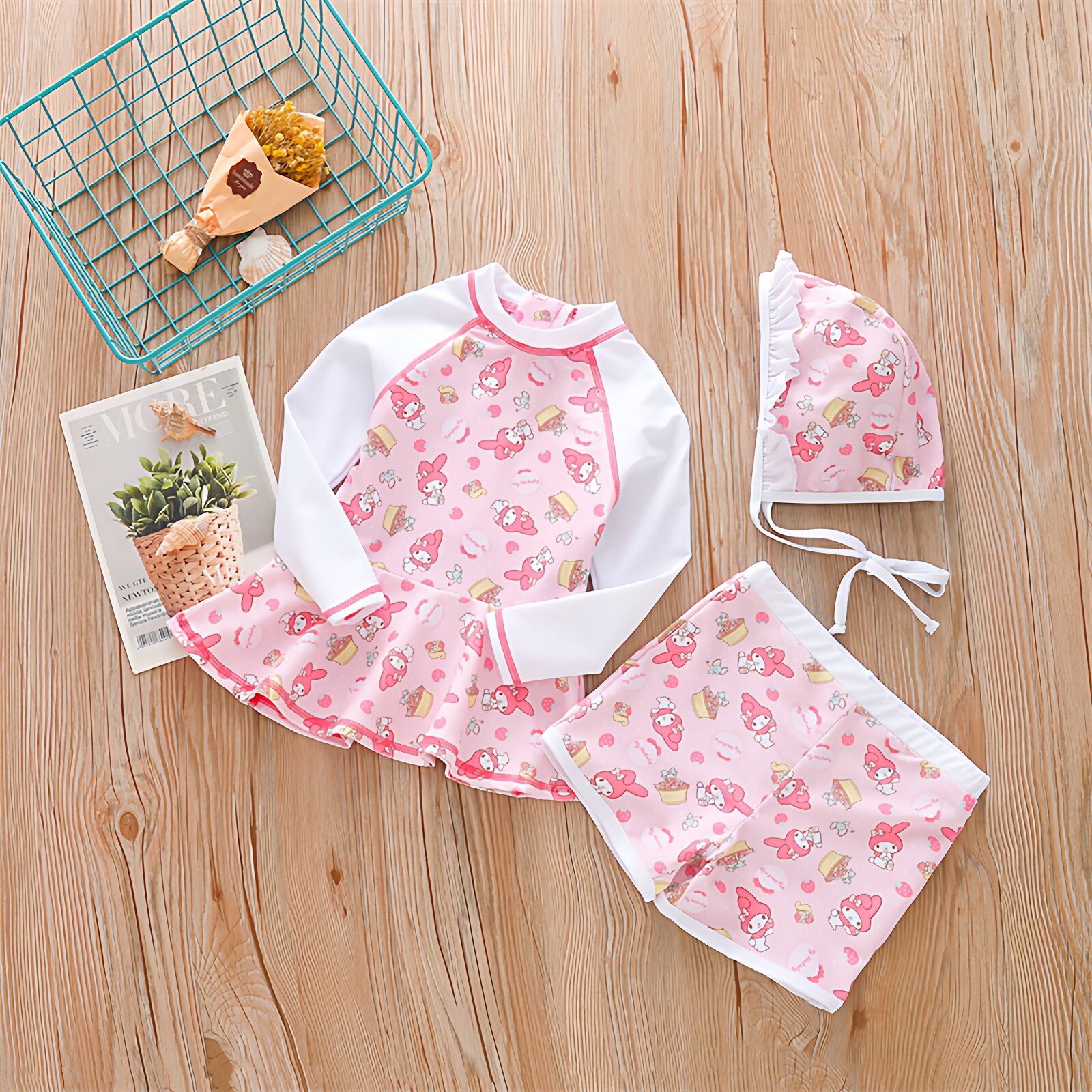 儿童泳衣粉色女童小孩宝宝长袖防晒分体裙式休闲速干平角裤泳装