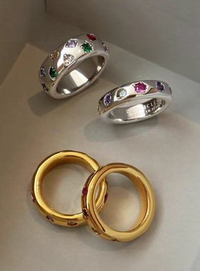 真金电镀彩色钻石戒指女爆款轻奢高级感小众设计情侣对戒金色指环