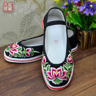 云南民族复古手工纳鞋底包边荷花绣花布底鞋千层底老年人搭扣平底