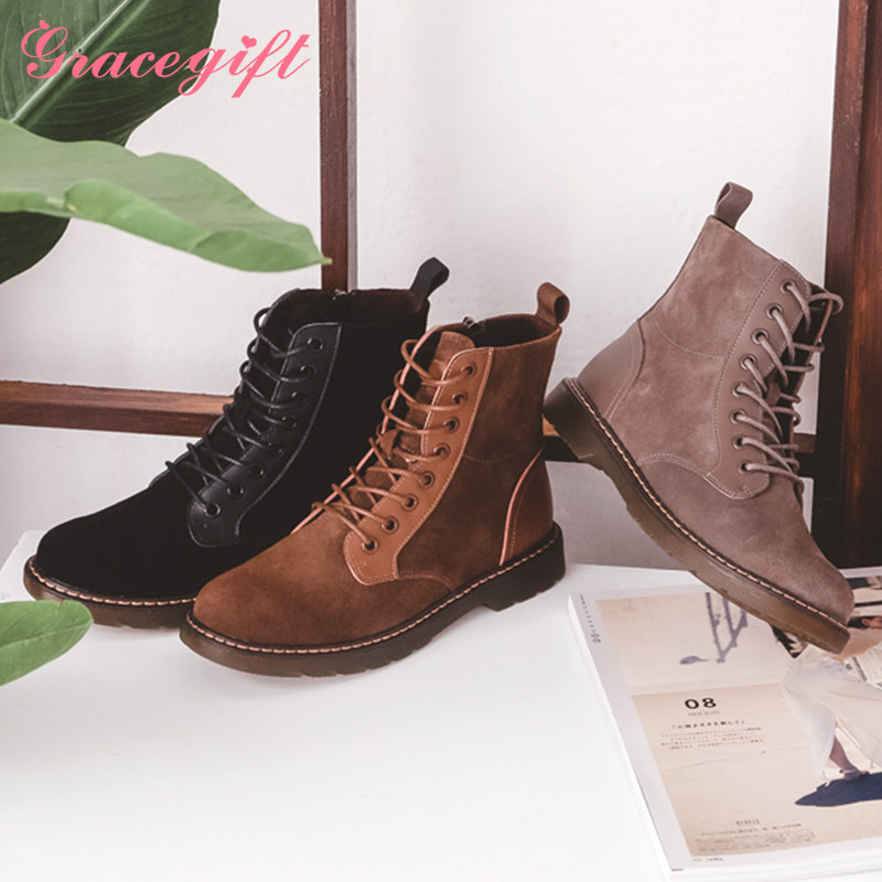 grace gift真皮马丁靴女短靴保暖系带平底女靴
