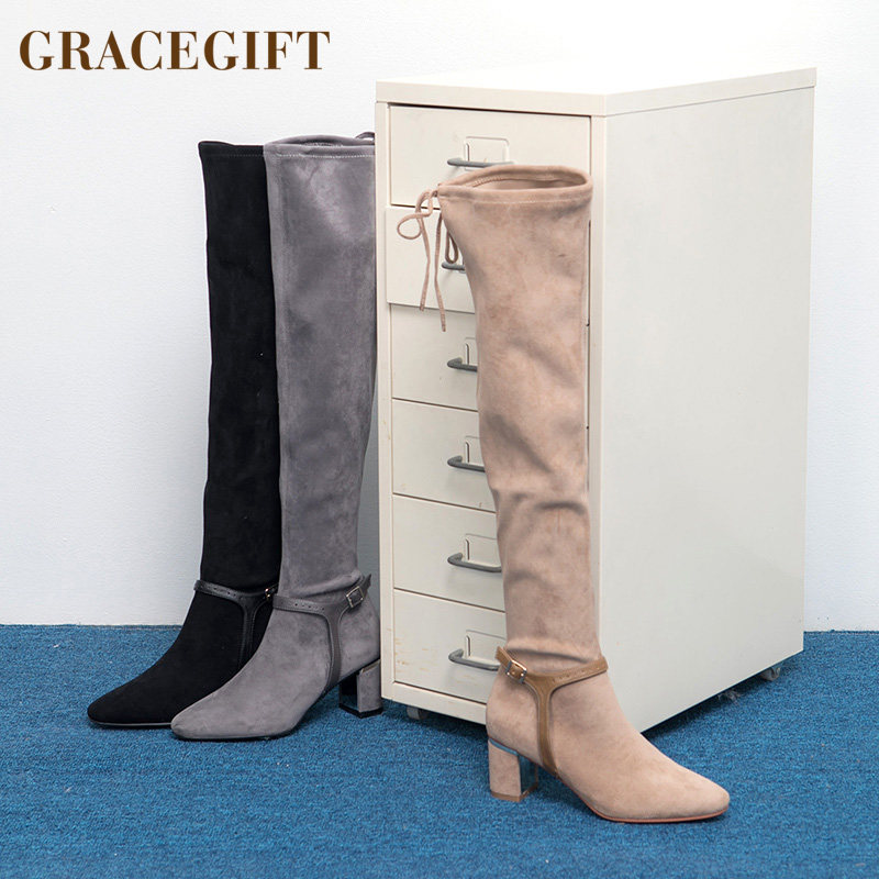 grace gift过膝靴女高跟靴尖头时尚百搭休闲冬靴长筒瘦瘦靴高靴子