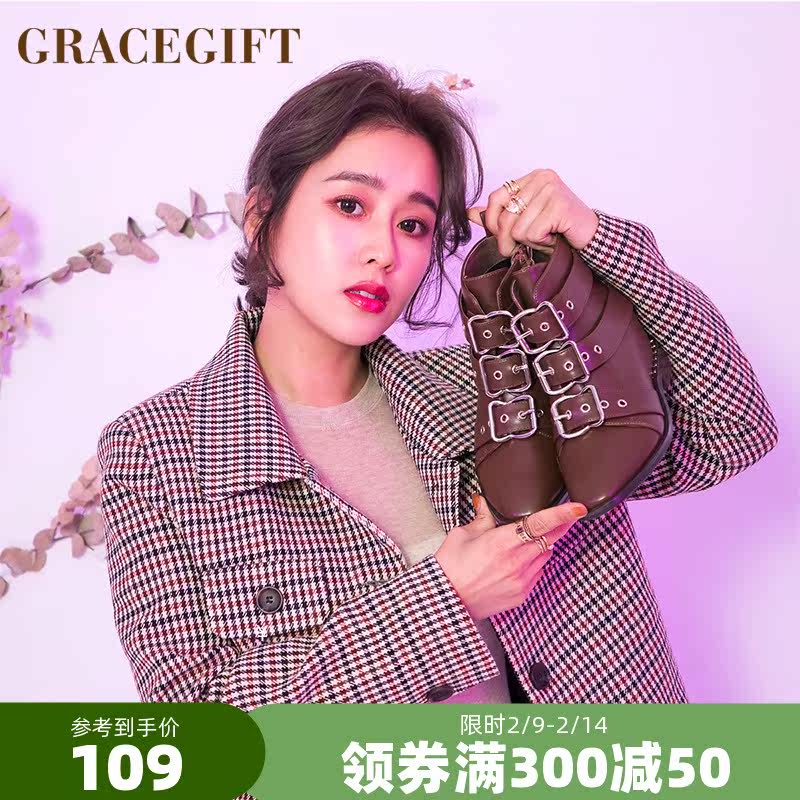 grace gift复古金属扣带短靴女小方头高跟靴心机内增高踝靴5
