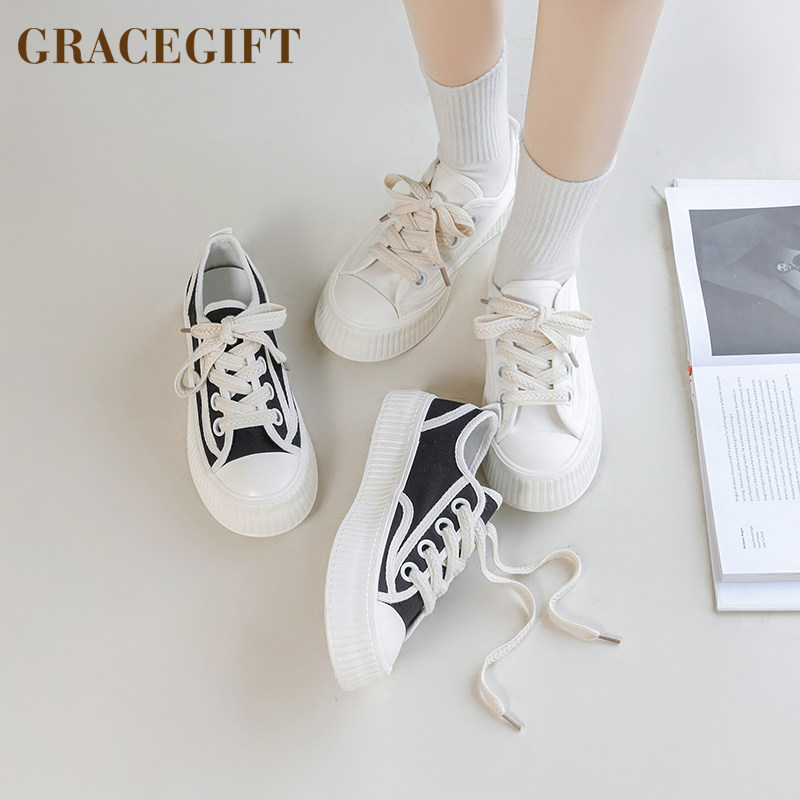 grace gift圆头厚底增高绑带瓦楞鞋学生女甜美小白鞋休闲透气板鞋