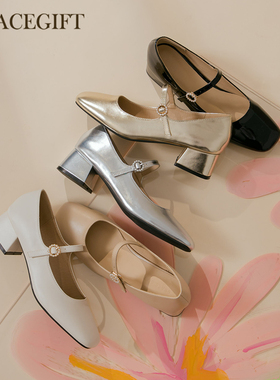 Grace gift银色单鞋女粗跟法式晚晚鞋配裙子玛丽珍鞋子低跟小皮鞋