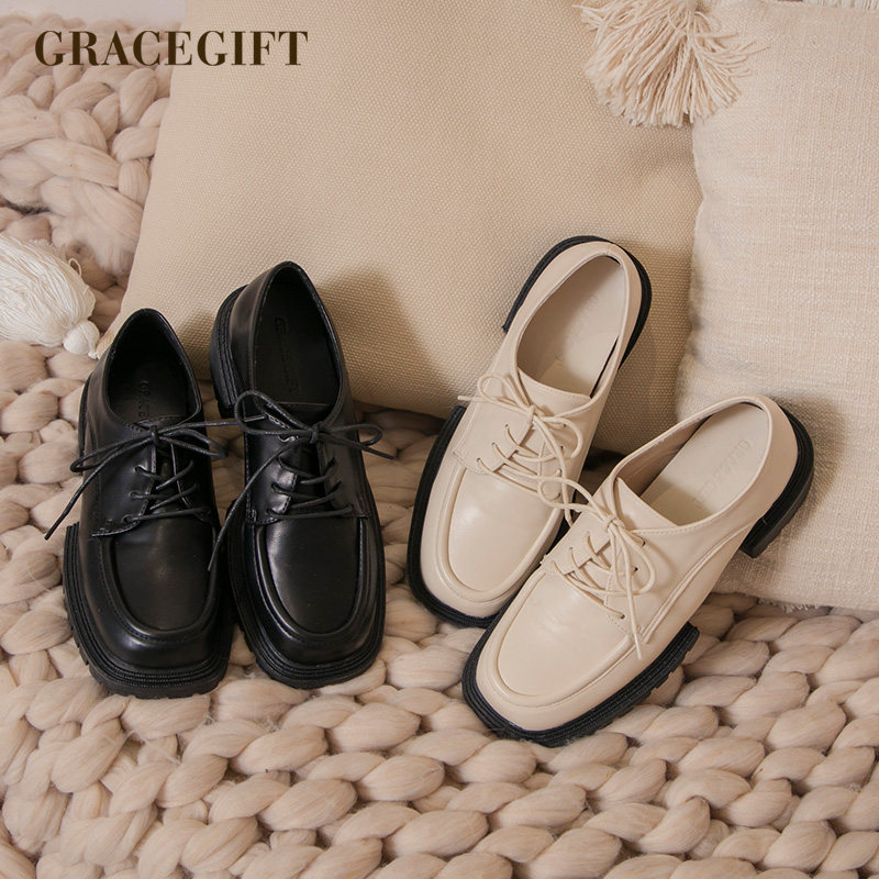 grace gift学院乐福鞋女厚底方头系带小皮鞋时尚简约舒适日常单鞋