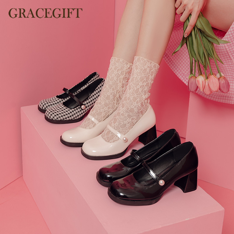 Grace gift高跟玛丽珍鞋女春夏新款浅口单鞋法式复古风珍珠小皮鞋