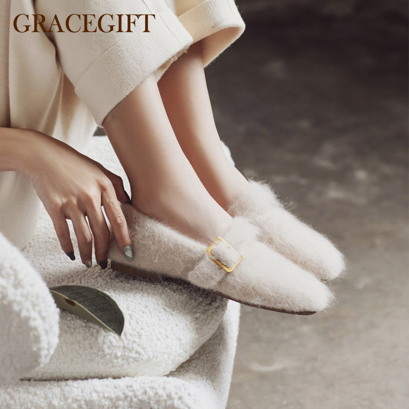 grace gift毛毛鞋女新款冬外穿单鞋舒适平底扣带休闲一脚蹬女鞋子