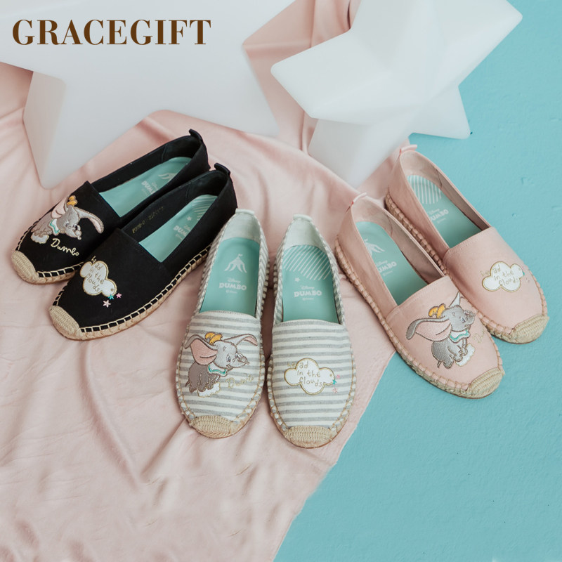 grace gift渔夫鞋女卡通刺绣麻底草编鞋休闲帆布鞋