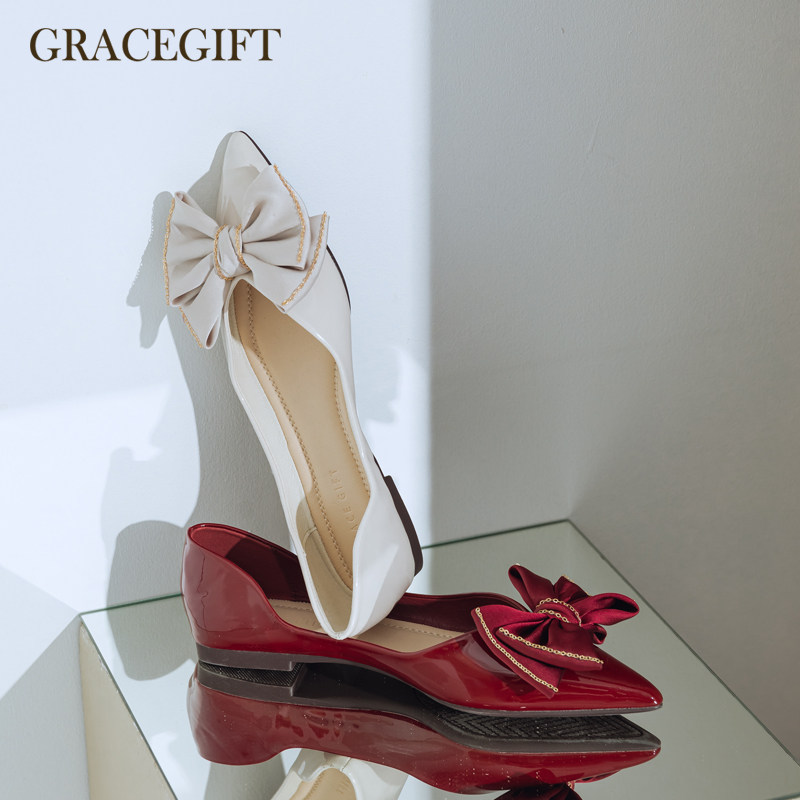 grace gift单鞋女平底浅口婚鞋气质甜美蝴蝶结仙女风时尚公主女鞋