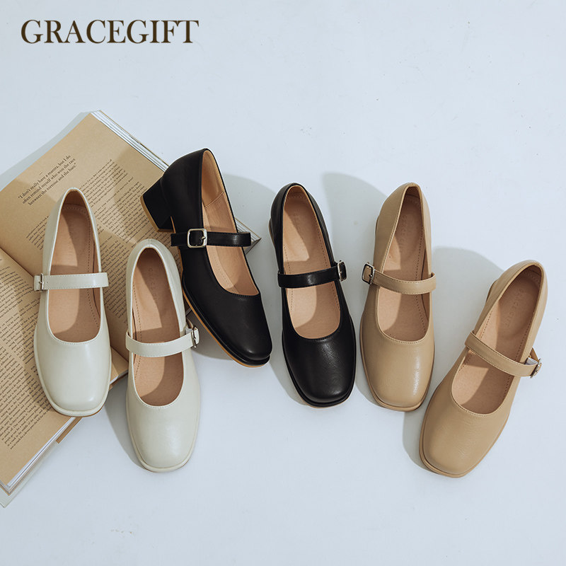 grace gift玛丽珍鞋女微方头中跟扣带奶奶鞋粗跟女鞋休闲小皮鞋