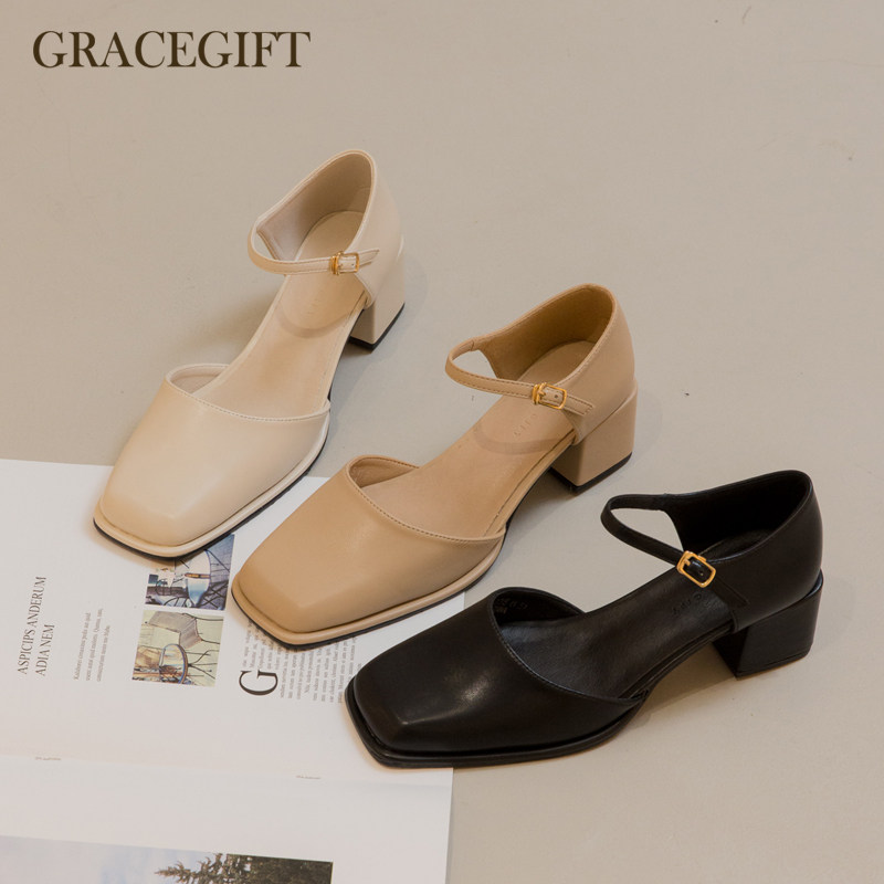 grace gift一字带凉鞋女粗跟夏季新款仙女风中跟包头百搭单鞋低帮