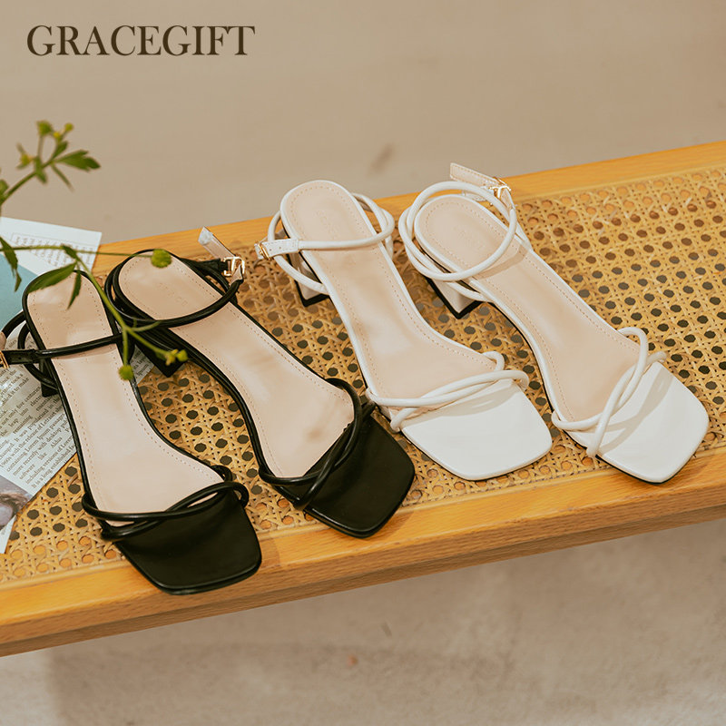 grace gift套趾凉鞋女粗跟方头优雅可调节扣带中跟女鞋夏季新款