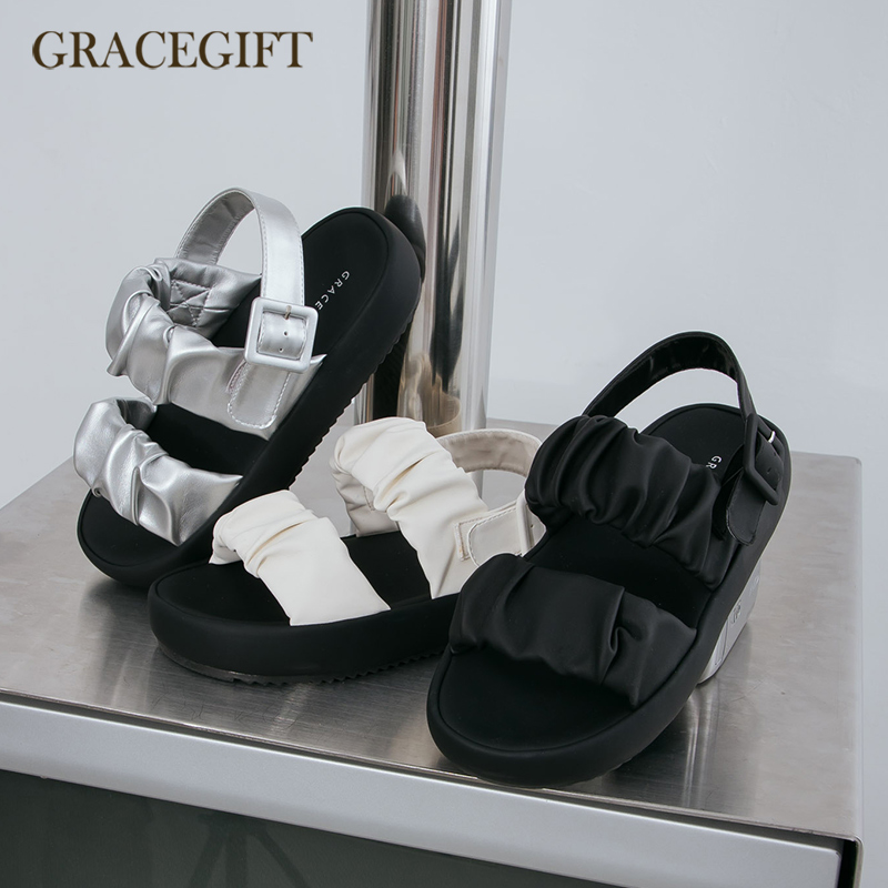 Grace gift云朵凉鞋女双带设计感春夏新款平底一字拖百搭女鞋子