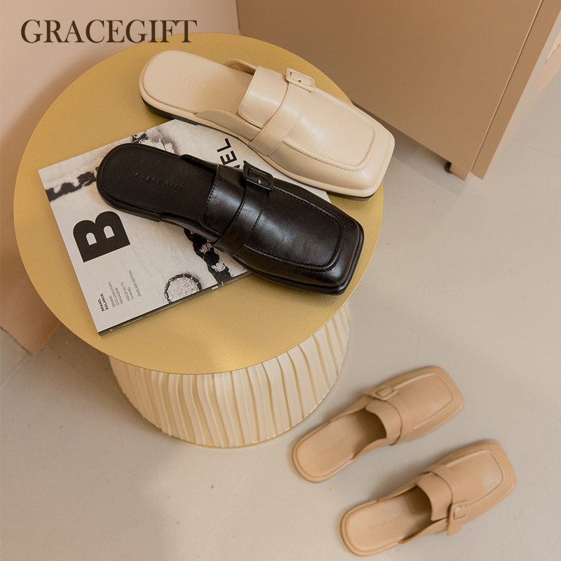 grace gift穆勒鞋女夏季新款时尚方头外穿网红日系凉拖平底后空
