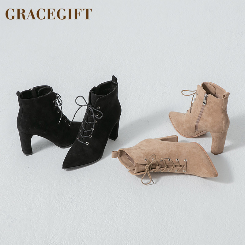 grace gift性感复古欧美风高跟靴女绑带尖头侧拉链短靴粗跟女靴子