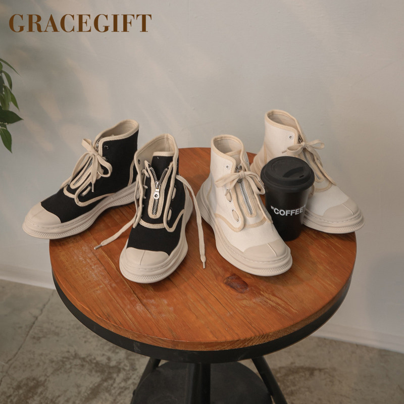 grace gift高帮帆布鞋女新款韩版复古港风休闲鞋百搭运动ins系带