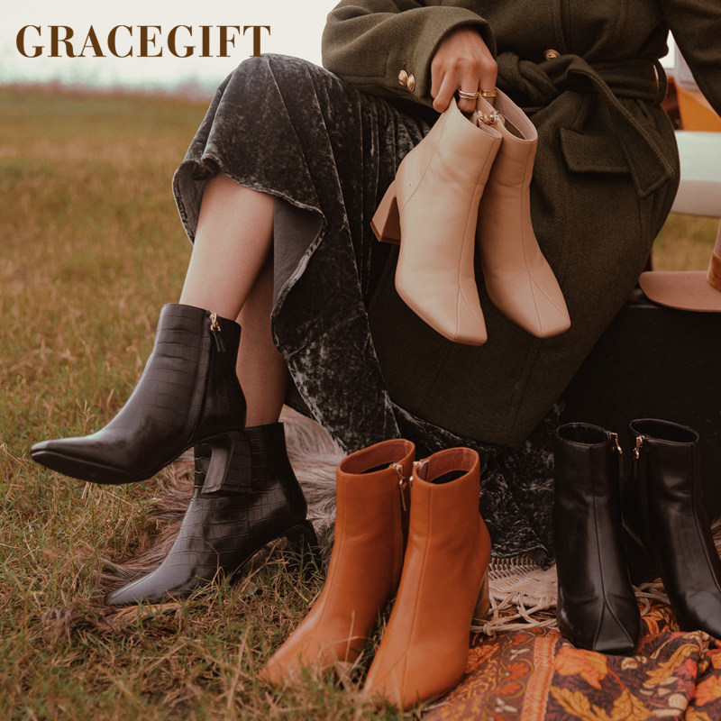 grace gift唐葳联名小方头高跟短靴春秋百搭单靴中粗跟显瘦时装靴
