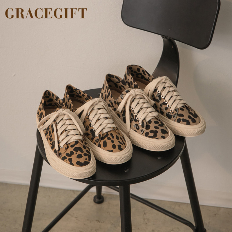 grace gift豹纹帆布鞋女两穿踩脚绑带休闲平底低帮鞋圆头复古板鞋
