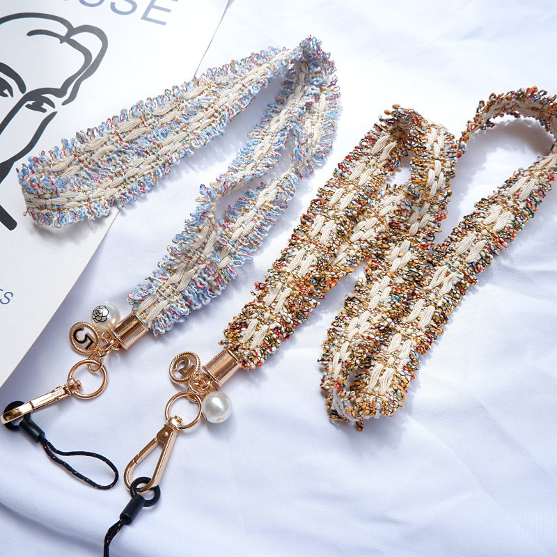 网红山茶花带珍珠绳挂饰布料带手机挂绳挂脖绳通用款挂带长款挂件