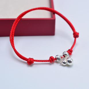 简约银实心葫芦红绳手链女款本命年编织可调节银珠脚链男款礼物