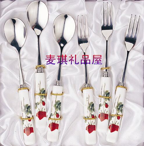 韩国进口厨美餐具 红玫瑰 骨瓷柄 不锈钢 甜品咖啡勺水果叉6P