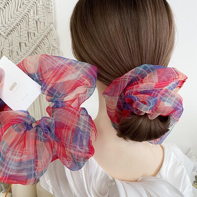 熙熙酱欧根纱发圈格子糖果色头绳