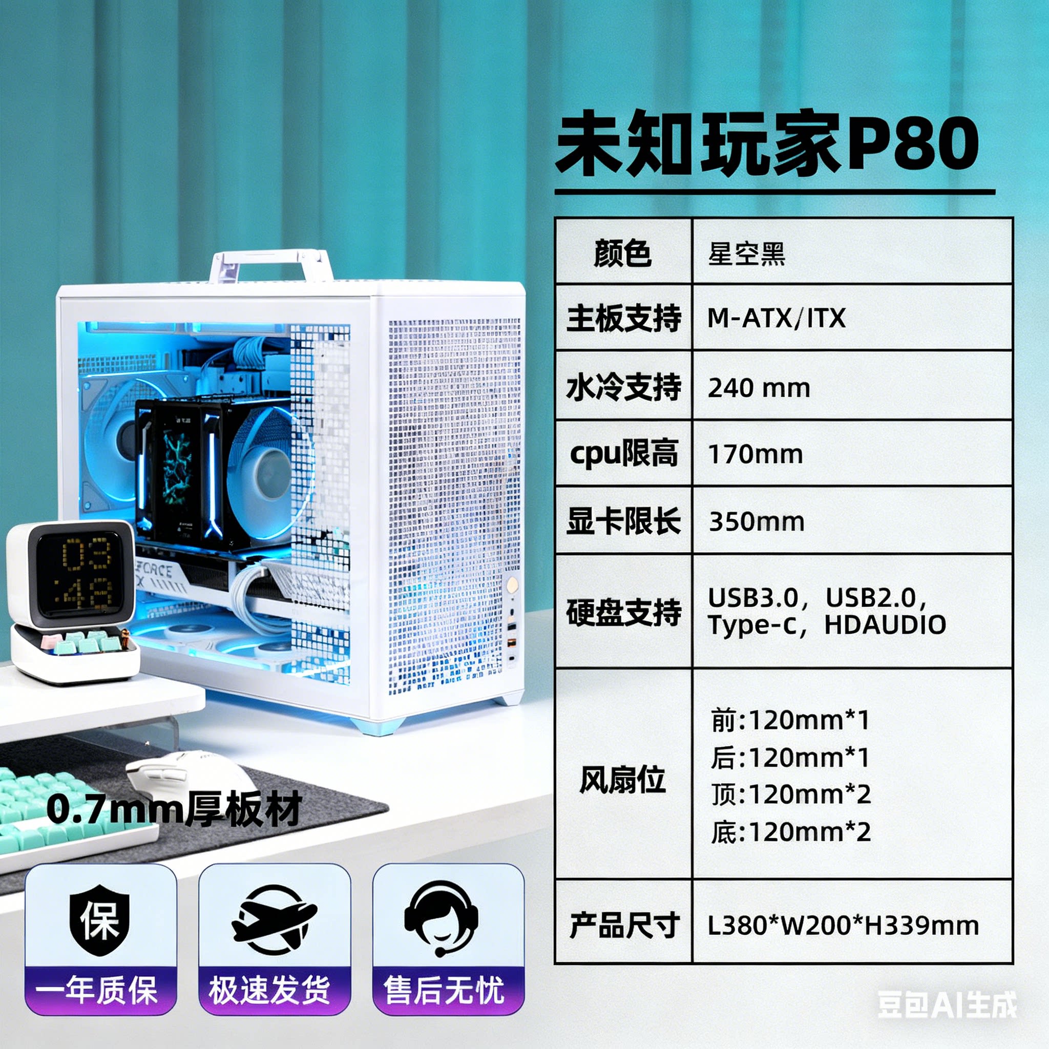 未知玩家P80手提便携式M-ATX玻璃侧透ITX桌面240水冷电脑小机箱图片